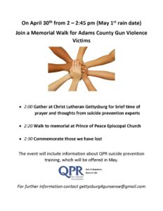 Memorial Walk for Adams County Gun Violence on Saturday