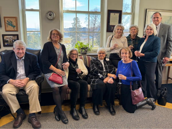 Several friends, including some from Gettysburg, attended the dedication of The U.S. Naval Institute’s Fred Rainbow Suite. Pictured, from left, are: Dale Dickey, Linda Brooks, Linda Salek, Mary Jo Dickey,  Dot Abbott, Carol Dunham, Judy Wagner, Louise Mains, and Alan Mains.