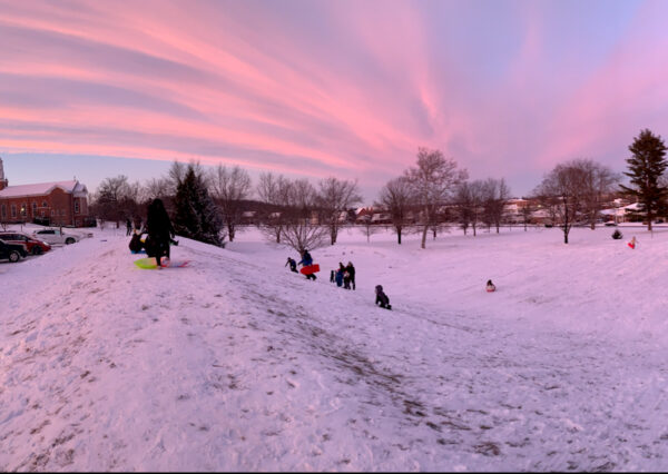 snowy sunset over the lutheran seminary