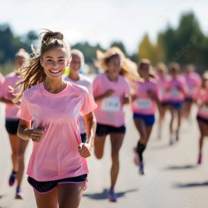 portrait of a cute girl running in a marathon, smiling and  wearing a pink t-shirt. Concept o charity race