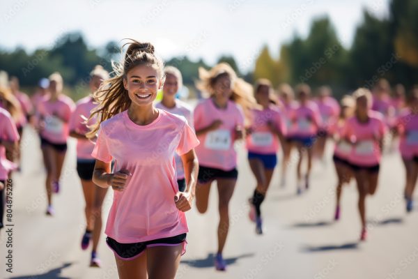 portrait of a cute girl running in a marathon, smiling and  wearing a pink t-shirt. Concept o charity race