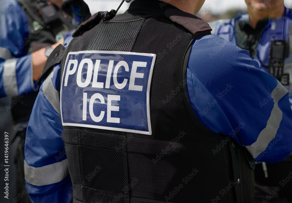 Ice Police Agent - officer of Immigration and Customs Enforcement. Close-up of POLICE ICE marking on the back of a stab proof vest worn by a trio of police officers at the scene of an incident.
