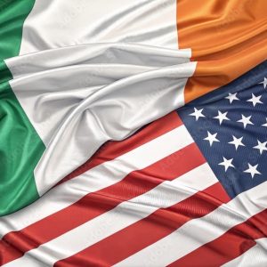 Irish And American Flags Symbolizing International Friendship And Unity