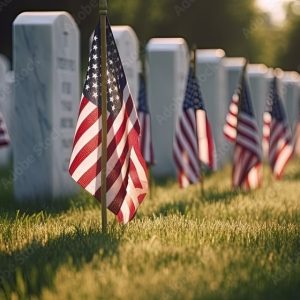 US Flag at Military Cemetery on Veterans Day or Memorial Day. Concept National holidays, Flag Day, Veterans Day, Memorial Day, Independence Day, Patriot Day. Generative AI.