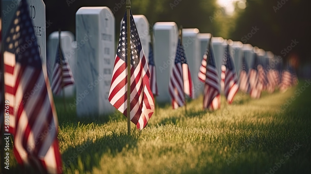 US Flag at Military Cemetery on Veterans Day or Memorial Day. Concept National holidays, Flag Day, Veterans Day, Memorial Day, Independence Day, Patriot Day. Generative AI.