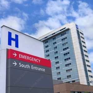 direction sign with capital letter H for hospital