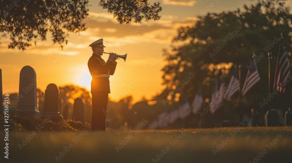 Solemn Military Bugler Playing Taps at Memorial Day Cemetery Ceremony with Flags Waving in Background