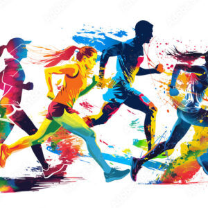 Isolated colorful silhouettes of diverse athletes runners while competition.