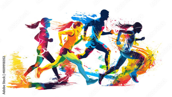 Isolated colorful silhouettes of diverse athletes runners while competition.