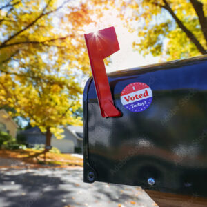 Mailbox with an "I voted today" sticker on it with sun flare behind flag, absentee voting through the mail