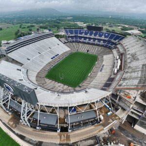 Aerial view of Beaver Stadium during its west-side renovation in July 2026