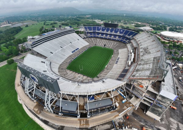 Aerial view of Beaver Stadium during its west-side renovation in July 2026