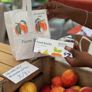 A shopper uses a PA Food Bucks voucher to buy fresh produce