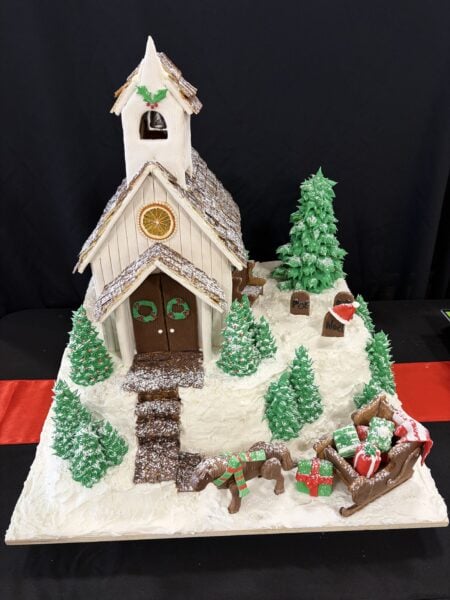 The 2025 Best of Show gingerbread house by Dawn and Garry Bollinger, one of 28 entries at the Adams County Arts Council’s 2025 Gingerbread Celebration.