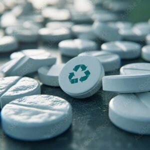 White tablet with recycle symbol among scattered pills representing proper disposal and recycling of unused or expired medication to prevent environmental contamination.