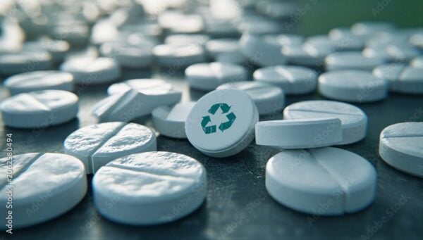 White tablet with recycle symbol among scattered pills representing proper disposal and recycling of unused or expired medication to prevent environmental contamination.