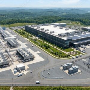 Wide Aerial Drone Shot Of A Massive Modern AI Data Center Complex Set In A Rural Forested Landscape Under Clear Skies