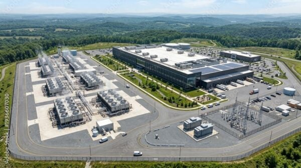 Wide Aerial Drone Shot Of A Massive Modern AI Data Center Complex Set In A Rural Forested Landscape Under Clear Skies